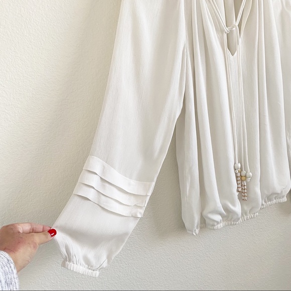 Ramy Brook White Silk Puff Sleeve Peasant Blouse Wooden Beaded Tassel XS - Picture 3 of 8